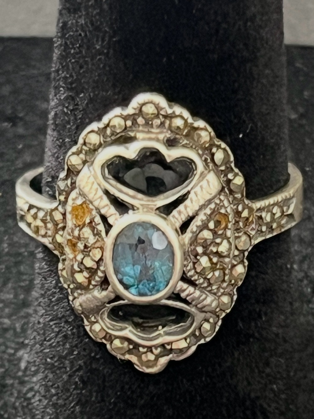 Vintage Ornate Central  Blue Topaz Sterling Silver Ring Size 7 3/4